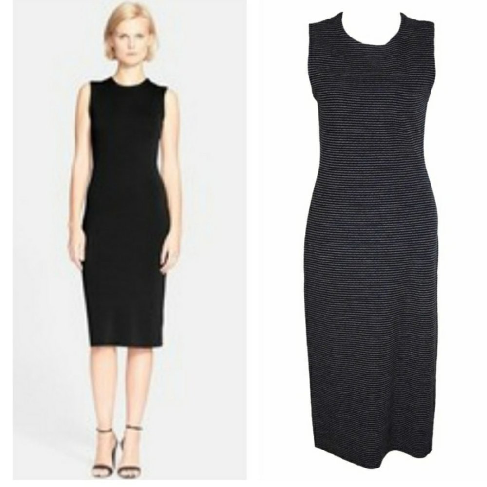 Theory Koldeen O Noble Wool Knit Midi Dress - Black / White Pinstripe